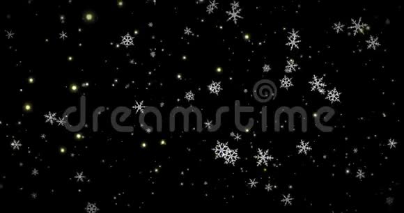 白色的雪花金色的纸屑和黑色圣诞背景上的bokeh灯3D用阿尔法通道渲染图像视频的预览图