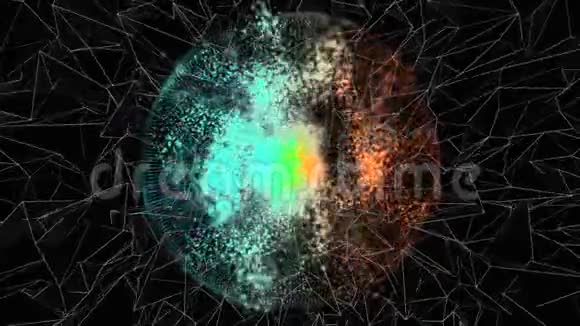 彩色球体的抽象动画在黑色上有移动的闪闪发光的粒子和透明的几何形状视频的预览图