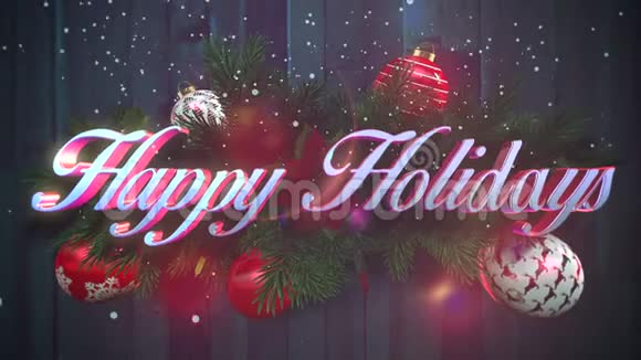动画特写快乐假期文字白色雪花绿色圣诞树枝在木头背景上视频的预览图