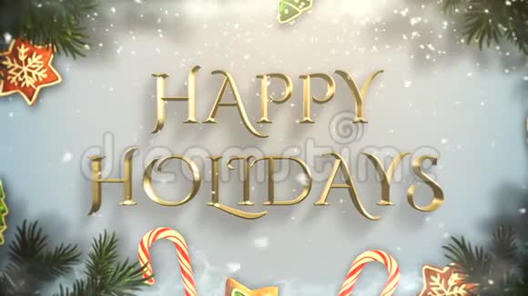 动画特写快乐假期文字绿色树枝和玩具雪景视频的预览图