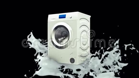 抽象白色洗衣机与冷冻溅沫水隔离在黑色背景动画旋转视频的预览图