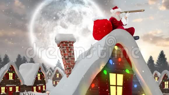 圣诞老人条款在屋顶装饰的房子在冬天的风景和降雪视频的预览图