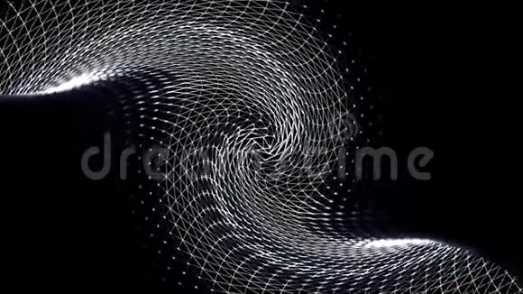在无止境的运动中挥舞抽象的体积纹理在黑色背景上旋转无缝循环白色扭曲的空间视频的预览图