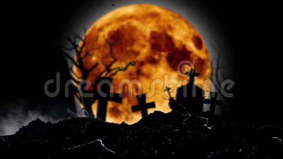 蝙蝠飞在墓地后面的十字架和一棵树和一个月亮的轮廓黑色烟熏背景视频的预览图