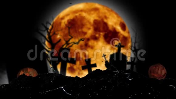在月亮的背景下蝙蝠飞翔有十字架和万圣节南瓜黑色烟熏背景视频的预览图