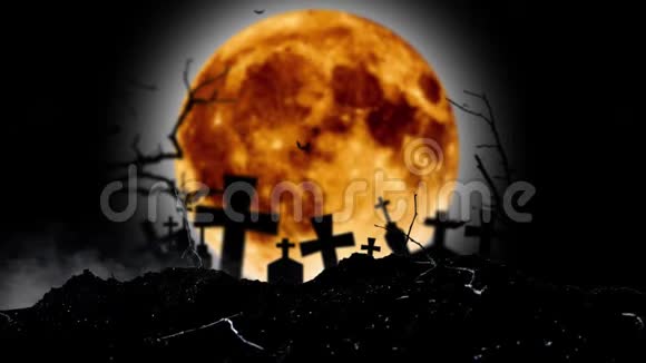 月亮在墓地里闪闪发光那里有十字架和蝙蝠飞翔黑色烟熏背景视频的预览图