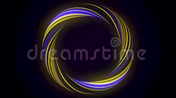抽象发光环从扭曲纤维与闪烁的颜色隔离在黑色背景动画黄色视频的预览图