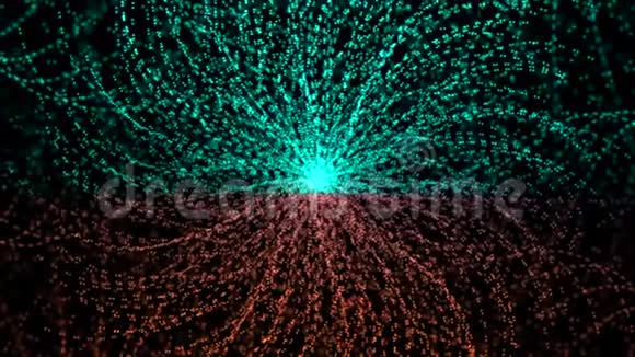 抽象动画的多色霓虹灯粒子扭曲在一个大网络上的黑色背景动画五彩缤纷视频的预览图