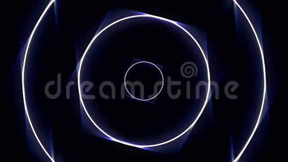 抽象霓虹灯圈隧道无缝环动画白色和蓝色的圆圈在黑色隧道上无休止地移动视频的预览图