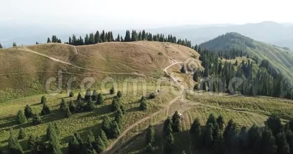 绿草如茵有冷杉和小径的山峦在山上驾驶无人机视频的预览图