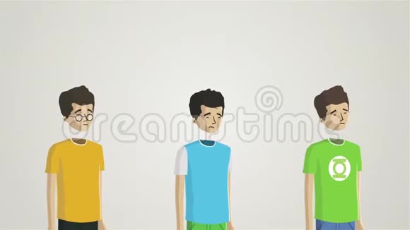 卡通动画三个年轻人和物体在他们的头上孤立在白色背景一条带飞木耳视频的预览图