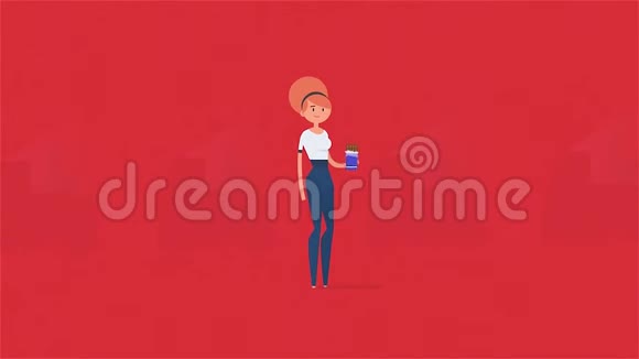 一个女人在红色背景下吃巧克力棒的卡通动画巧克力消费的视觉信息视频的预览图