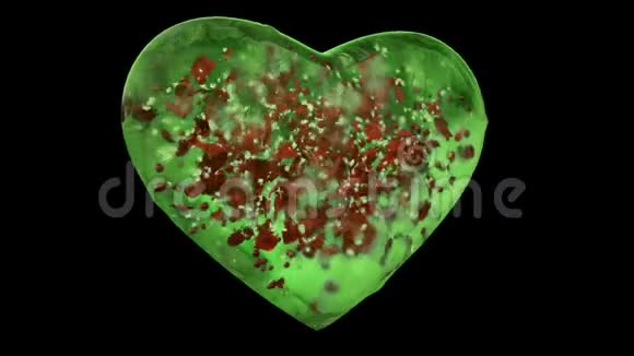 旋转绿冰玻璃心与雪花红色花瓣阿尔法马特循环4k视频的预览图