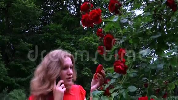 靠近玫瑰花的女人在花园里绽放用手机交谈视频的预览图