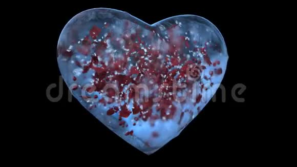 旋转蓝色冰玻璃心与雪花红色花瓣阿尔法哑光环4k视频的预览图