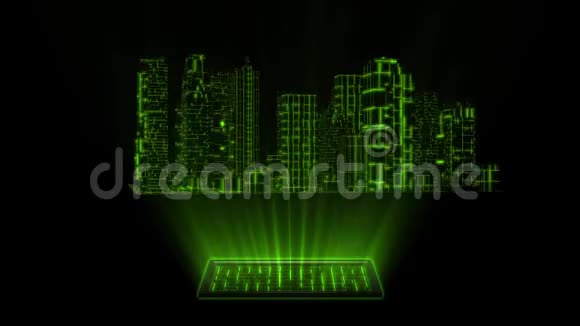 3带屏幕可循环元件的D绿色电子全息城视频的预览图