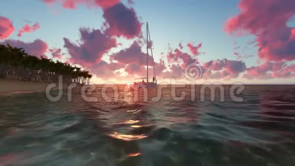 带棕榈树和船的热带海滩视频的预览图