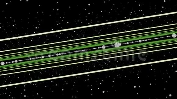 直的绿色和米色线条在黑色背景上移动和旋转周围是一排排白色的点无缝的循环视频的预览图