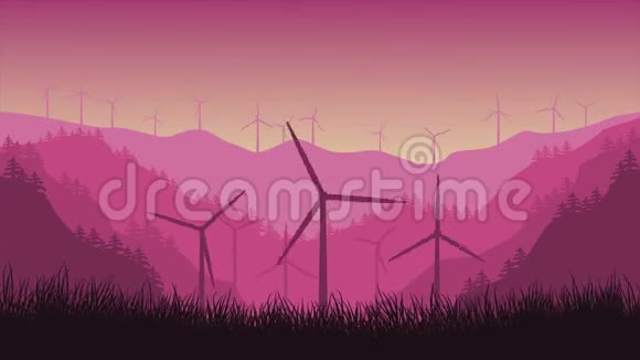 二维动画风力涡轮机在山上背景的森林视频的预览图