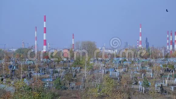炼油厂背景下的墓地视频的预览图