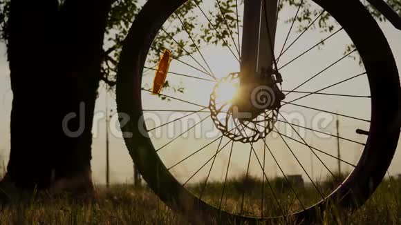 美丽的近景自行车在日落阳光在蓝天与复古的颜色轮廓自行车向前太阳视频的预览图