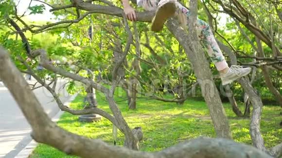 可爱的女孩在盛开的苹果树花园享受温暖的一天视频的预览图