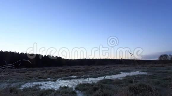 在冰冻的沼泽上黎明时间流逝4K视频的预览图
