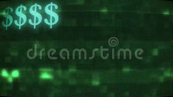 绿色美元标志快速打字旧故障曲线LED液晶显示器动画背景循环新质量复古复古视频的预览图