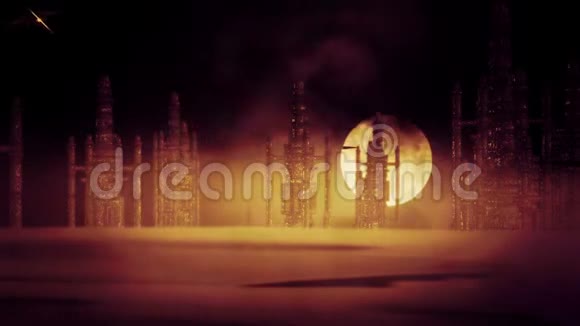 未来的城市和宇宙飞船在风暴下的沙漠恒星视频的预览图
