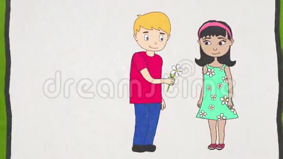 卡通男孩给女孩一朵花的动画她正在亲吻他的脸颊年轻人的关系视频的预览图