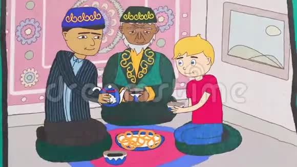 卡通人物的动画不同种族的老人和小男孩在一个有波斯地毯的房间里喝茶视频的预览图