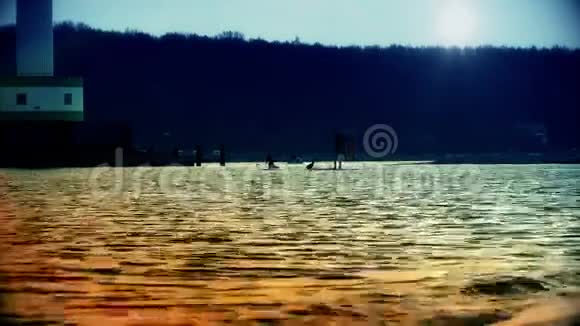 日落时剪影在河上划桨视频的预览图