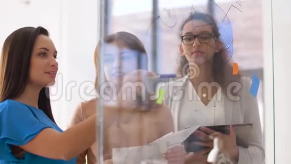 办公室玻璃板上有饼图的女商人视频的预览图