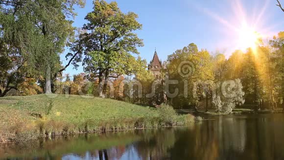 秋天的树林在阳光明媚的日子里倒映在湖中视频的预览图