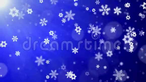 圣诞节背景蓝色主题闪烁的雪花飘落和灯光视频的预览图
