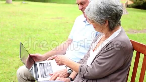 退休夫妇坐在公园长椅上用笔记本电脑视频的预览图