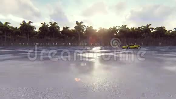 在热带阳光明媚的日子里赛车现实的4k动画视频的预览图