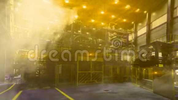 工厂内部的工业事故动画吹烟的工作空间和闪烁的紧急情况视频的预览图