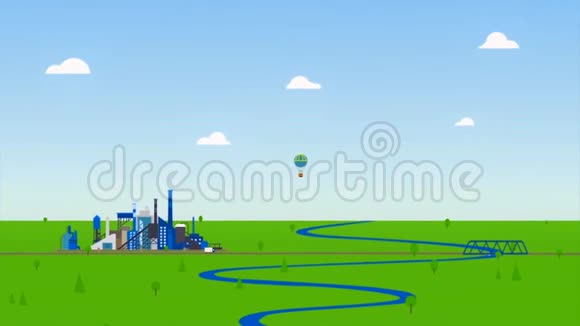 绘制的工厂动画移动的汽车和飞行的热气球对抗蓝色多云的天空工业概念视频的预览图