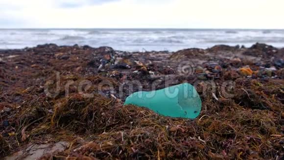 沙滩上海藻中的塑料瓶和其他碎片视频的预览图