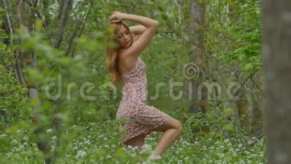 在春天森林的背景上摆姿势的女孩视频的预览图