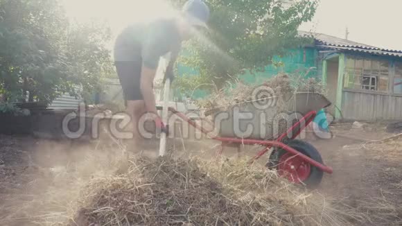 劳动男女园艺打扫草地园农业工作农夫把垃圾和草装在视频的预览图