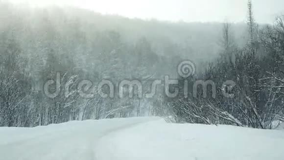 汽车行驶在雪的美丽道路上在降雪的缓慢运动1920x1080视频的预览图