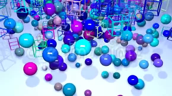 一组球体和立方体下降然后上升不同的规模简单几何物体的4k循环组合视频的预览图