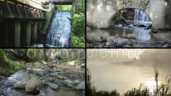 流淌的瀑布流水浓雾中的河流视频剪辑拼贴视频的预览图