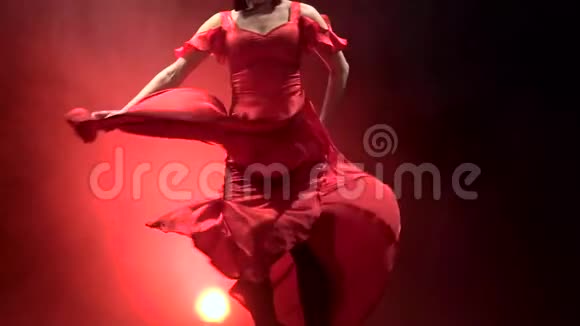 舞者穿着别致的礼服在阿根廷弗拉门戈的燃烧舞蹈中旋转从后面发光烟雾背景慢慢视频的预览图