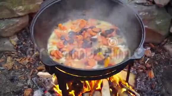 在铸铁锅火上煮肉视频的预览图