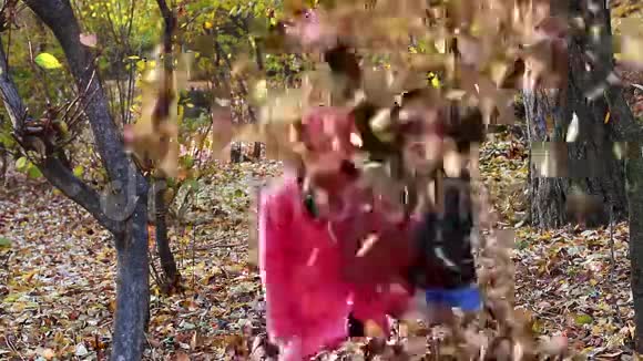 两个小女孩在秋天公园扔落叶视频的预览图