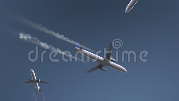 飞行飞机显示德里字幕前往印度概念介绍动画视频的预览图