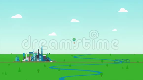 卡通动画景观蓝色的河流绿色的草地和一个工厂在多云的天空背景抽象的热空气视频的预览图
